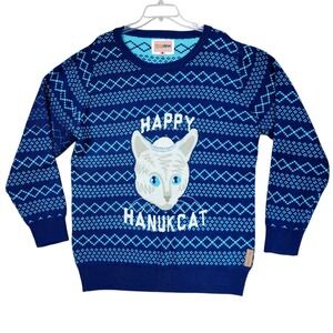 Tipsy Elves Hanukkah Sweater Women sz L Happy Hanukcat Blue Chanukah Holiday Cat